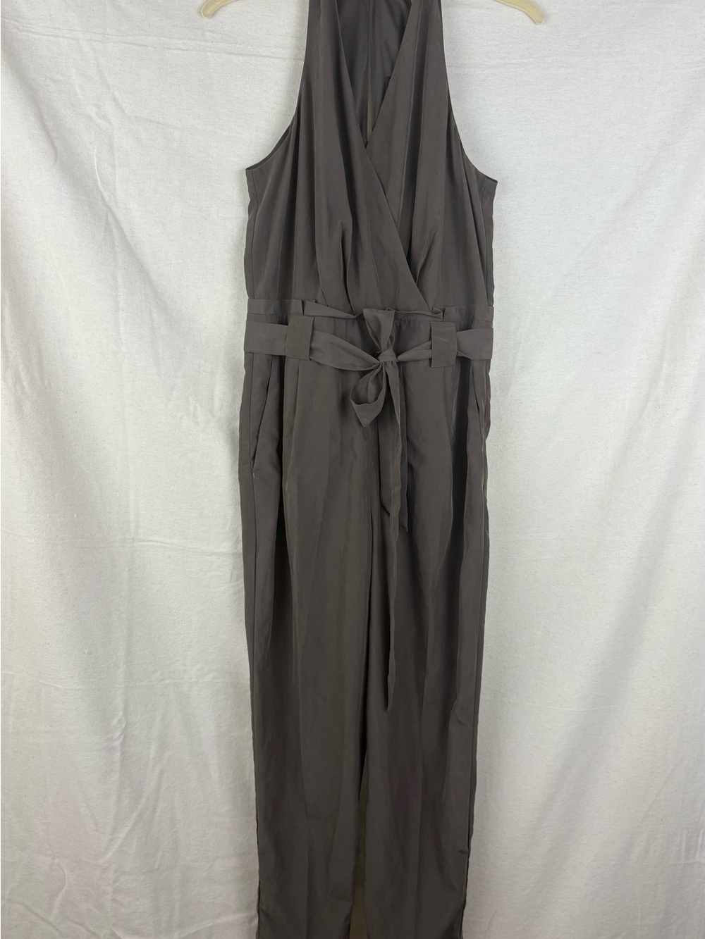 Express Dark Grey Deep V-neck Sleeveless Halter Jumpsuit with Tie Belt - 6